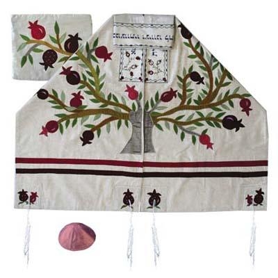 Yair Emanuel Embroidered White Raw Silk Tree of Life & Pomegranates Tallit (Prayer Shawl)  - 1
