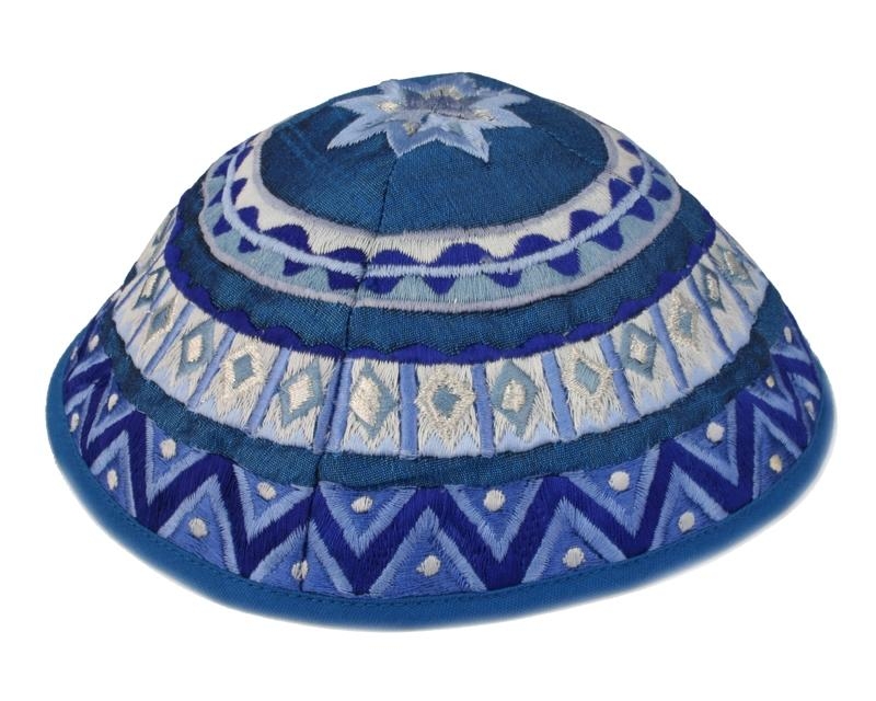  Yair Emanuel Embroidered Silk Kippah - Geometrical Blue - 1