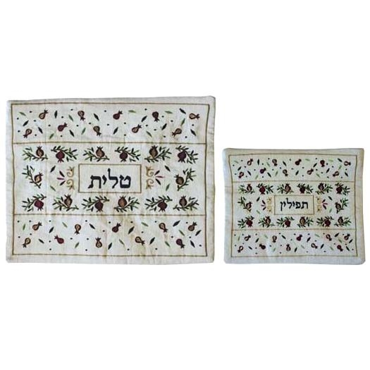 Yair Emanuel Embroidered Tallit and Tefillin Bag Set - Pomegranates in White - 1