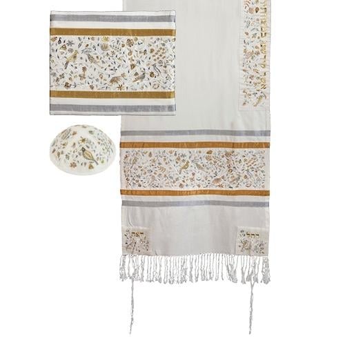 Yair Emanuel Full Embroidered Raw Silk Tallit with Birds and Flowers Design (Gold/White) - 1