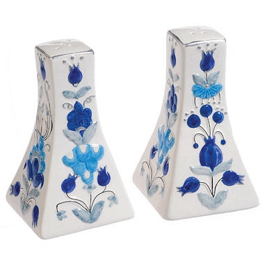  Yair Emanuel Hand Painted Ceramic Salt & Pepper Shakers - Pomegranates and Flowers (Blue) - 1