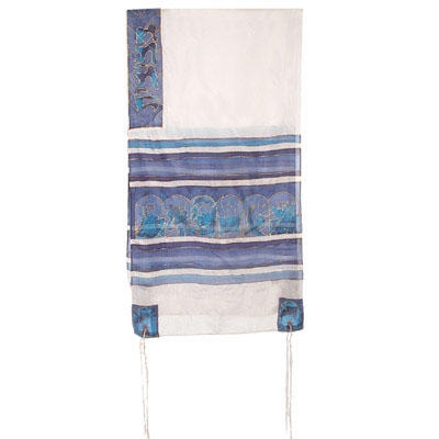  Yair Emanuel Hand-Painted Silk Tallit   The Twelve Tribes (White & Blue) - 1