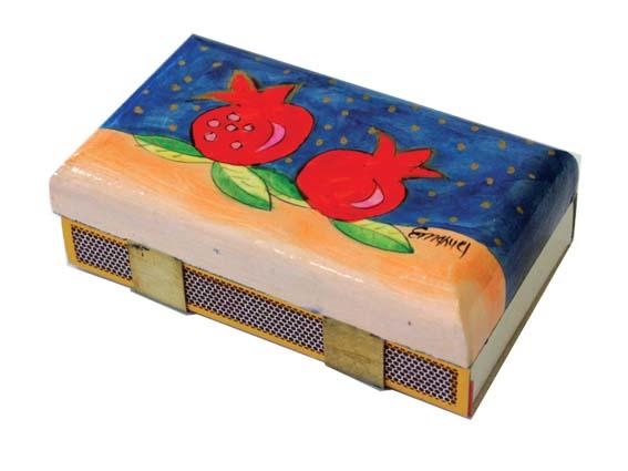  Yair Emanuel Kitchen Size Painted Wooden Match Box - Two Pomegranates - 1