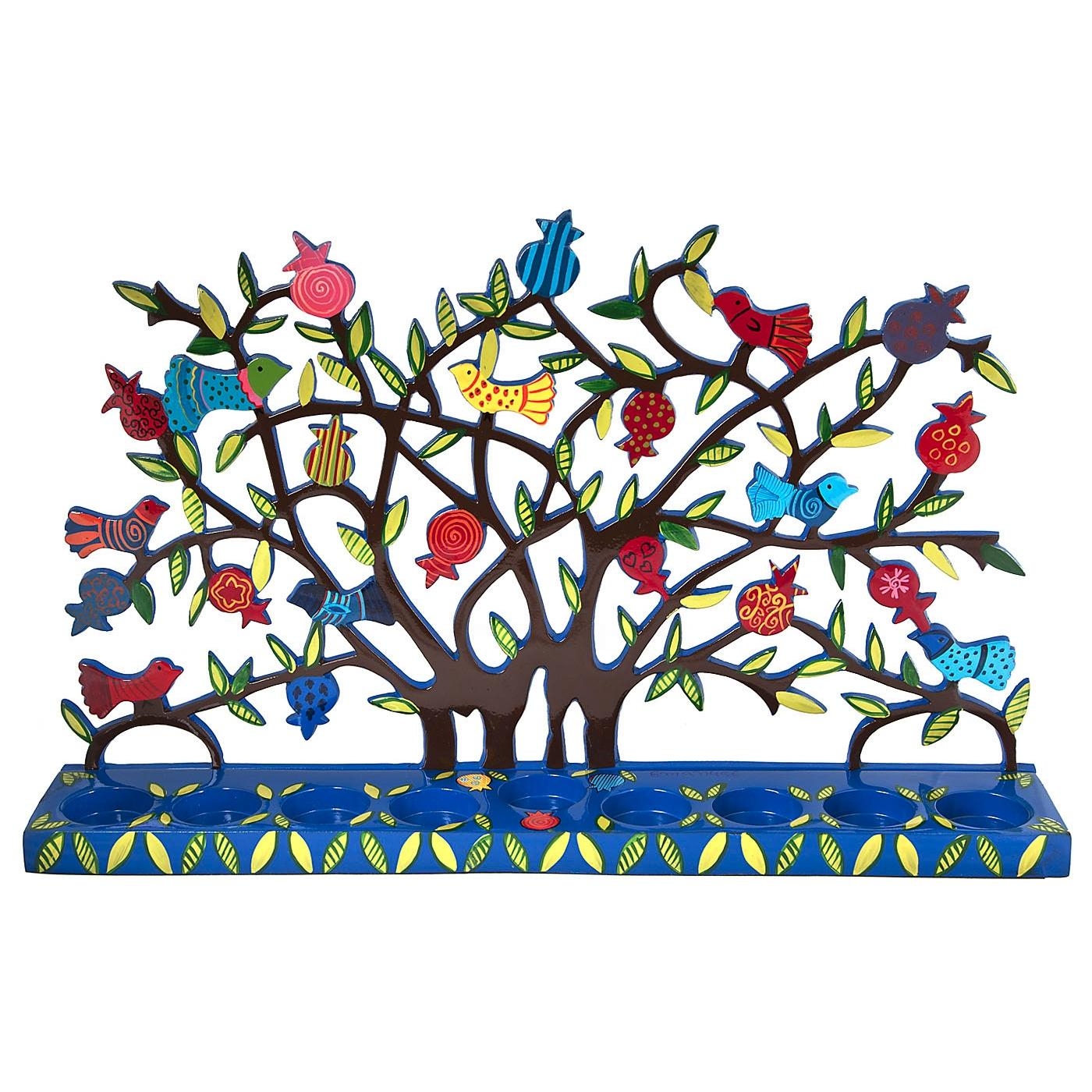  Yair Emanuel Painted Metal Menorah - Birds in Pomegranate Tree - Large - 1
