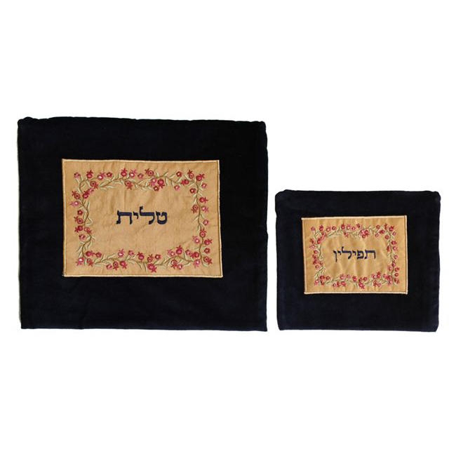 Yair Emanuel Velvet Embroidered Appliqued Tallit and Tefillin Bag Set - Pomegranates - 1