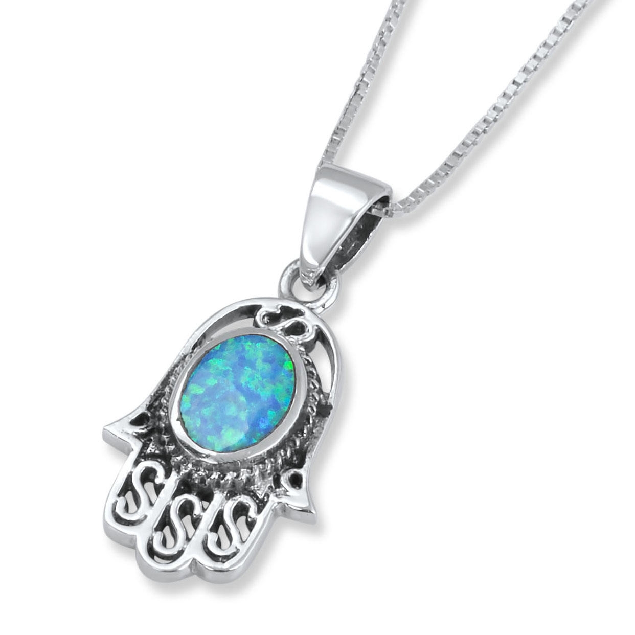 Sterling Silver Hamsa Necklace with Opal Stone Center - 1