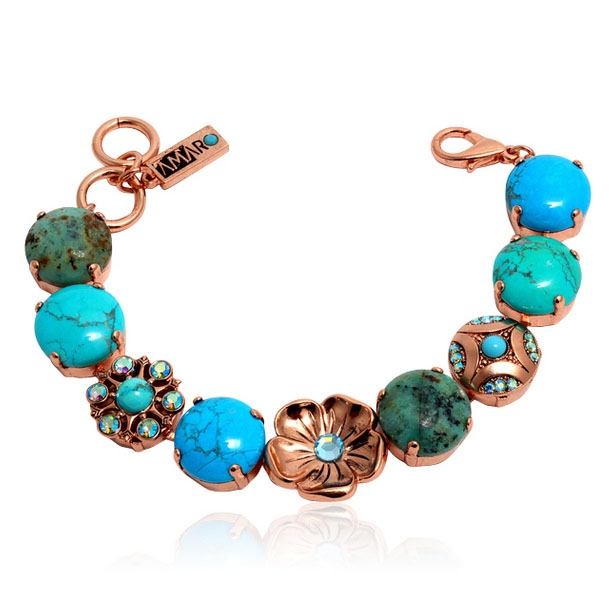 24K Rose Gold-Plated Floral Bracelet with Turquoise Gemstones - 1