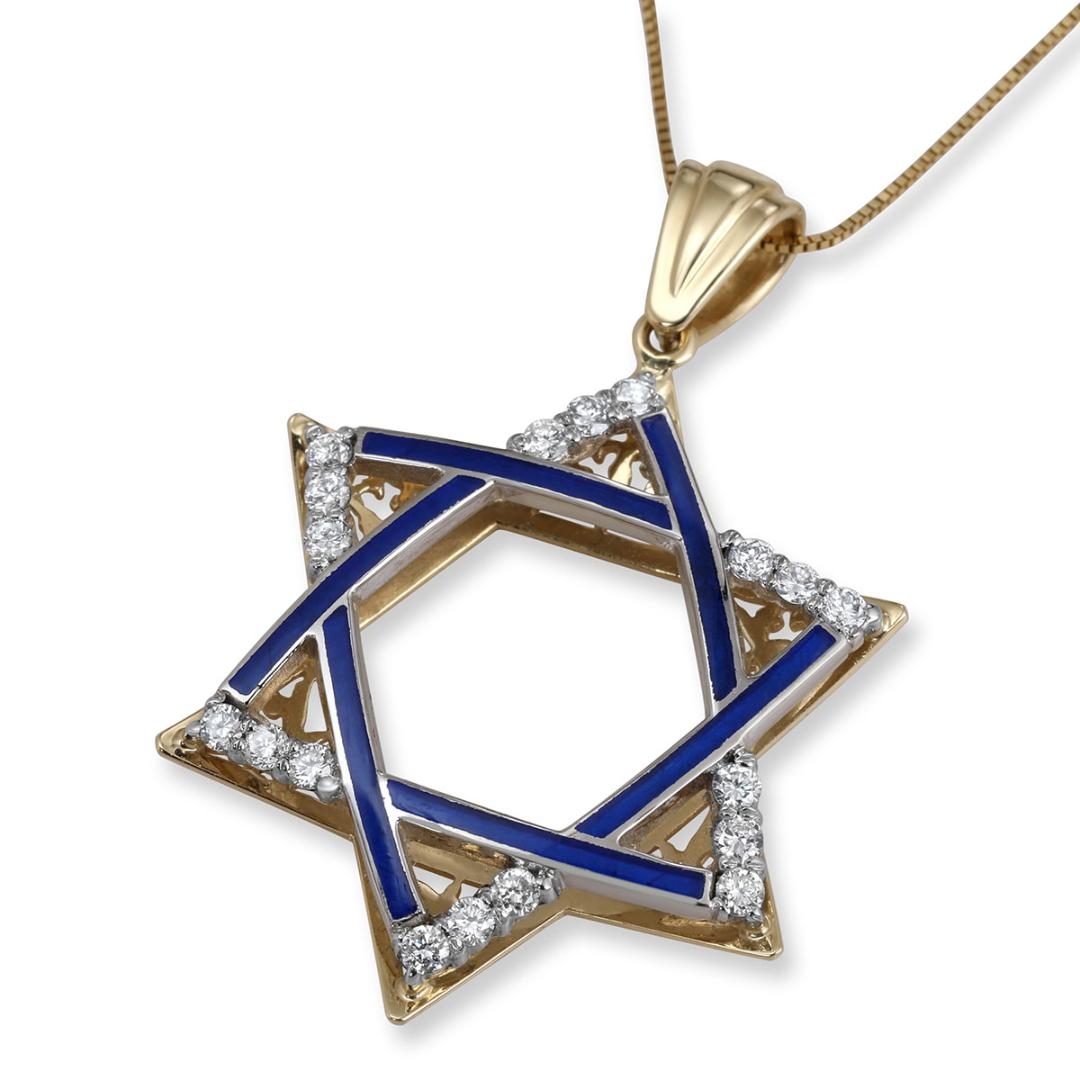 Anbinder Jewelry 14K Gold Star of David Extra Large Pendant with Diamonds & Blue Enamel - 1