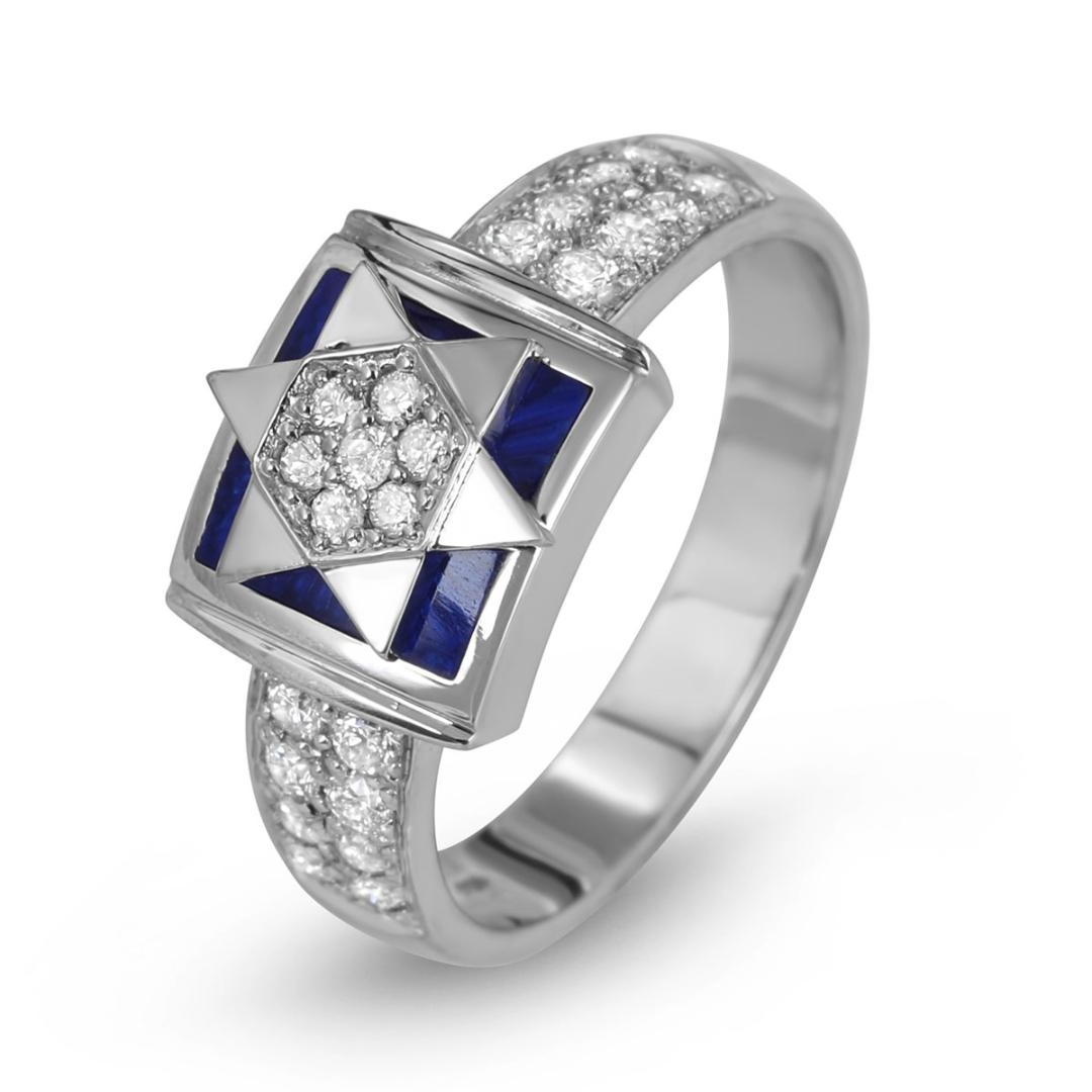 Anbinder Jewelry 14K White Gold Star of David Square Diamond Ring with Blue Enamel - 1