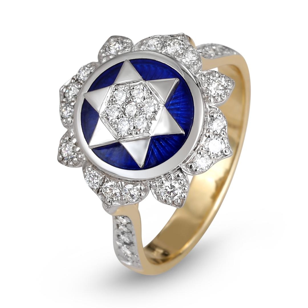 14K Yellow & White Gold Women's Star of David Ring with Blue Enamel and 39 Diamonds  - 1