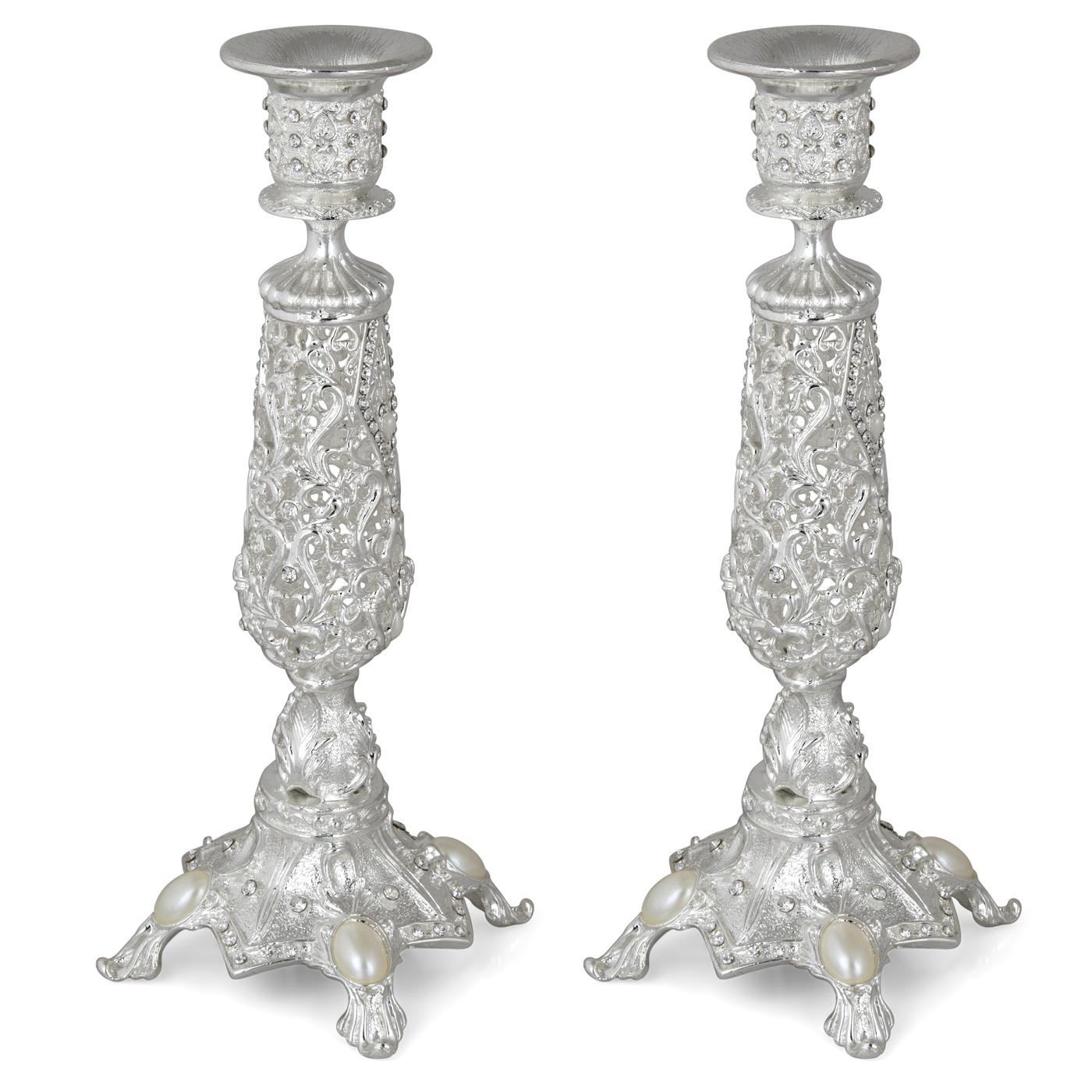 Silver Plated Ornate Jeweled Filigree Candlesticks - 1