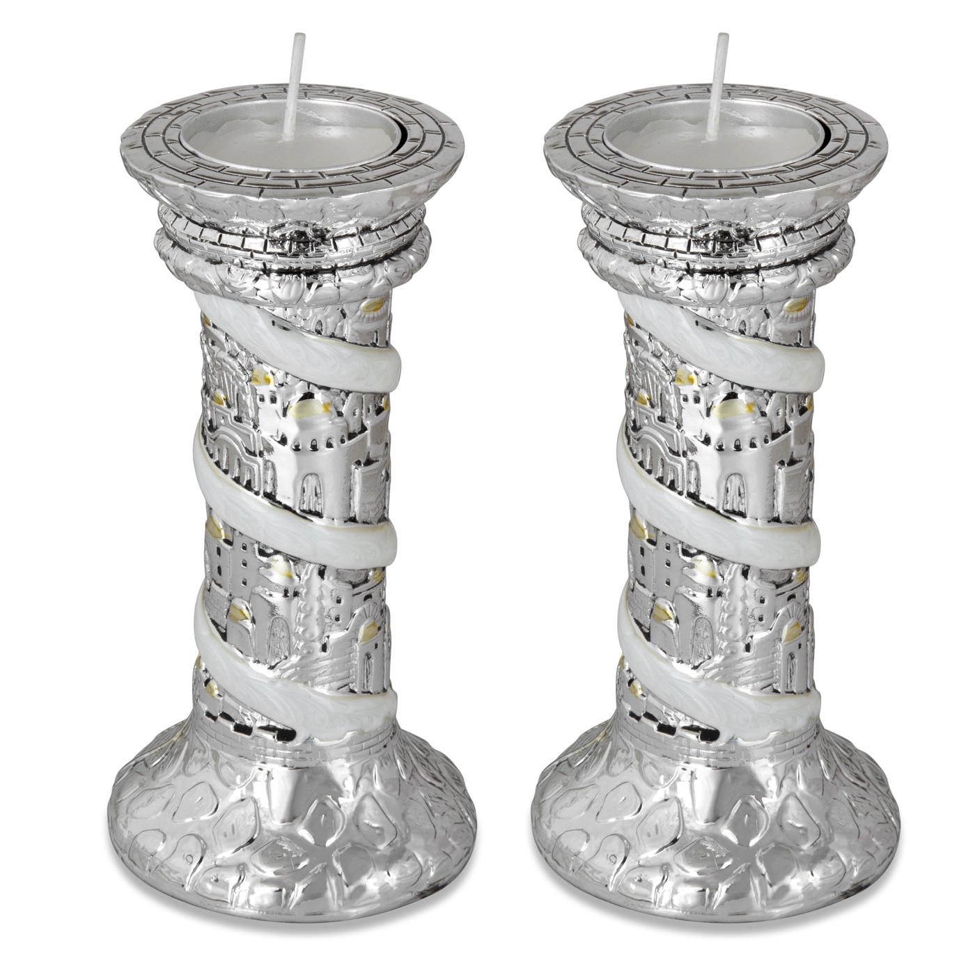 Silver Plated Tealight Candlesticks - Enameled Jerusalem Design - 1