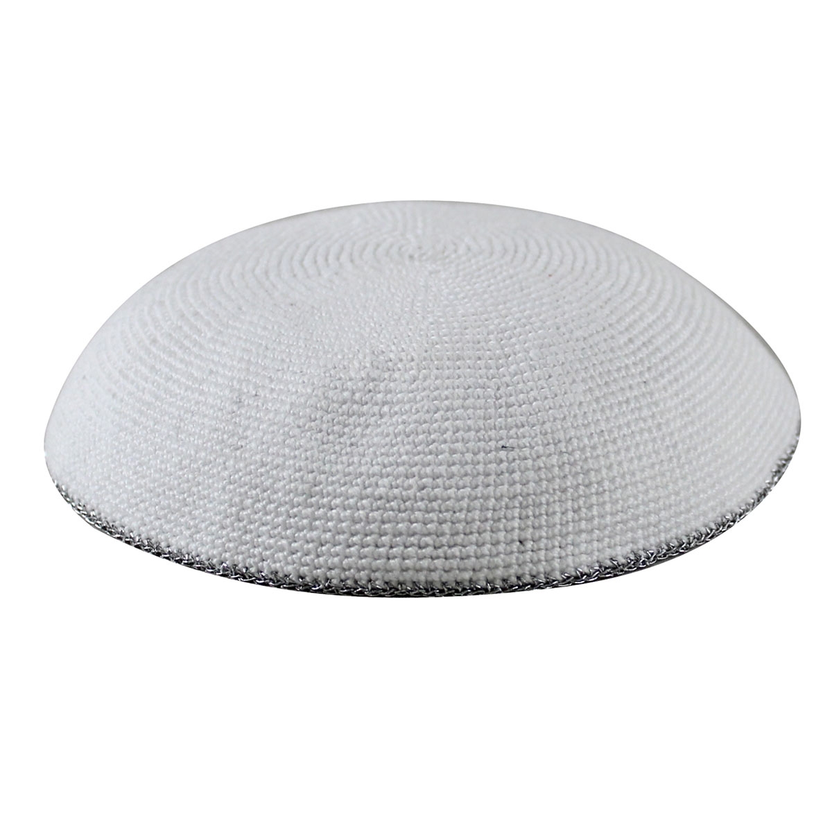White Hand-Made Knit Kippah with Silver Trim - 1