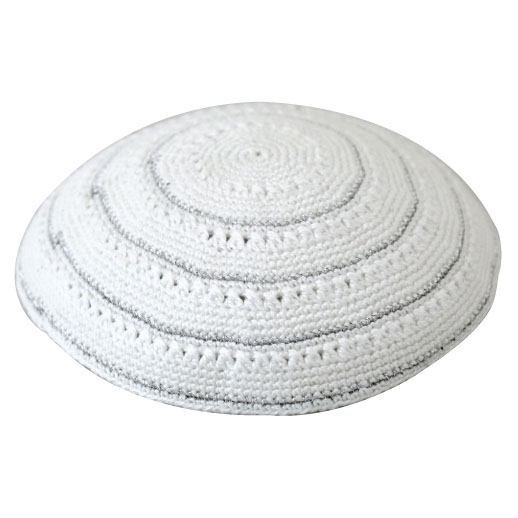 Knitted White Kippah with Broad Silver Stripe - 1