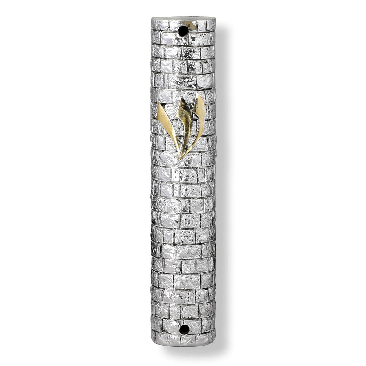 Silver and Gold-Plated Jerusalem Stone Wall Mezuzah Case with Shin  - 1