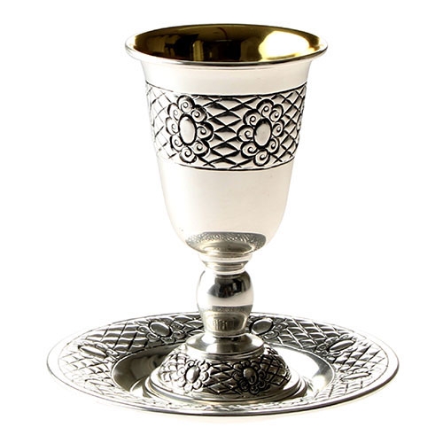 Cushion Pattern Floral Silver-Plated Kiddush Cup and Saucer Set  - 1