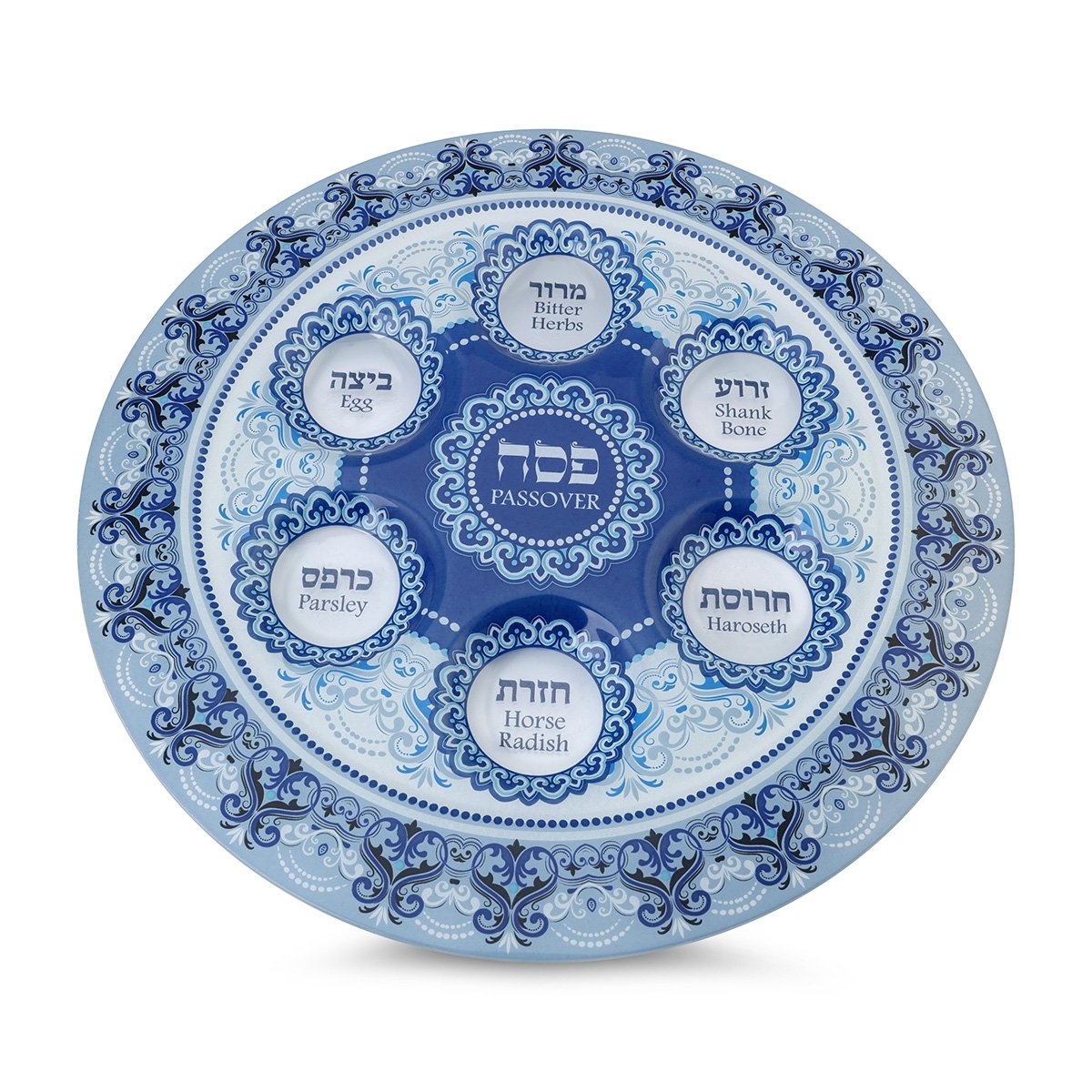 Glass Passover Seder Plate With Blue Floral Design - Hebrew & English - 1