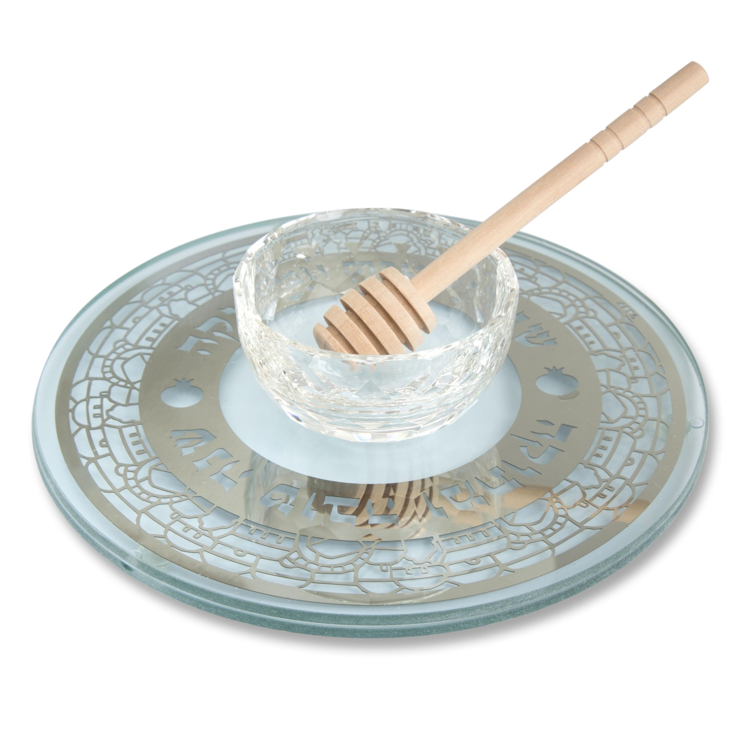 Glass Rosh Hashanah Honey Plate with Dipper - Jerusalem - 1