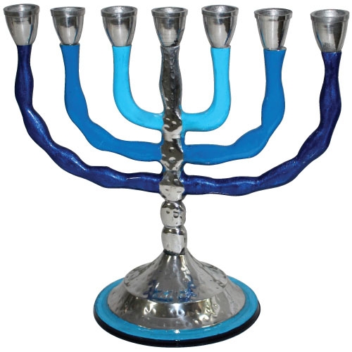 Shades of Blue Hammered Classic 7-Branched Menorah  - 1