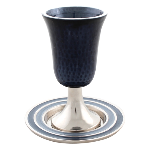 Aluminum Hammered Kiddush Cup with Saucer - Black - 1