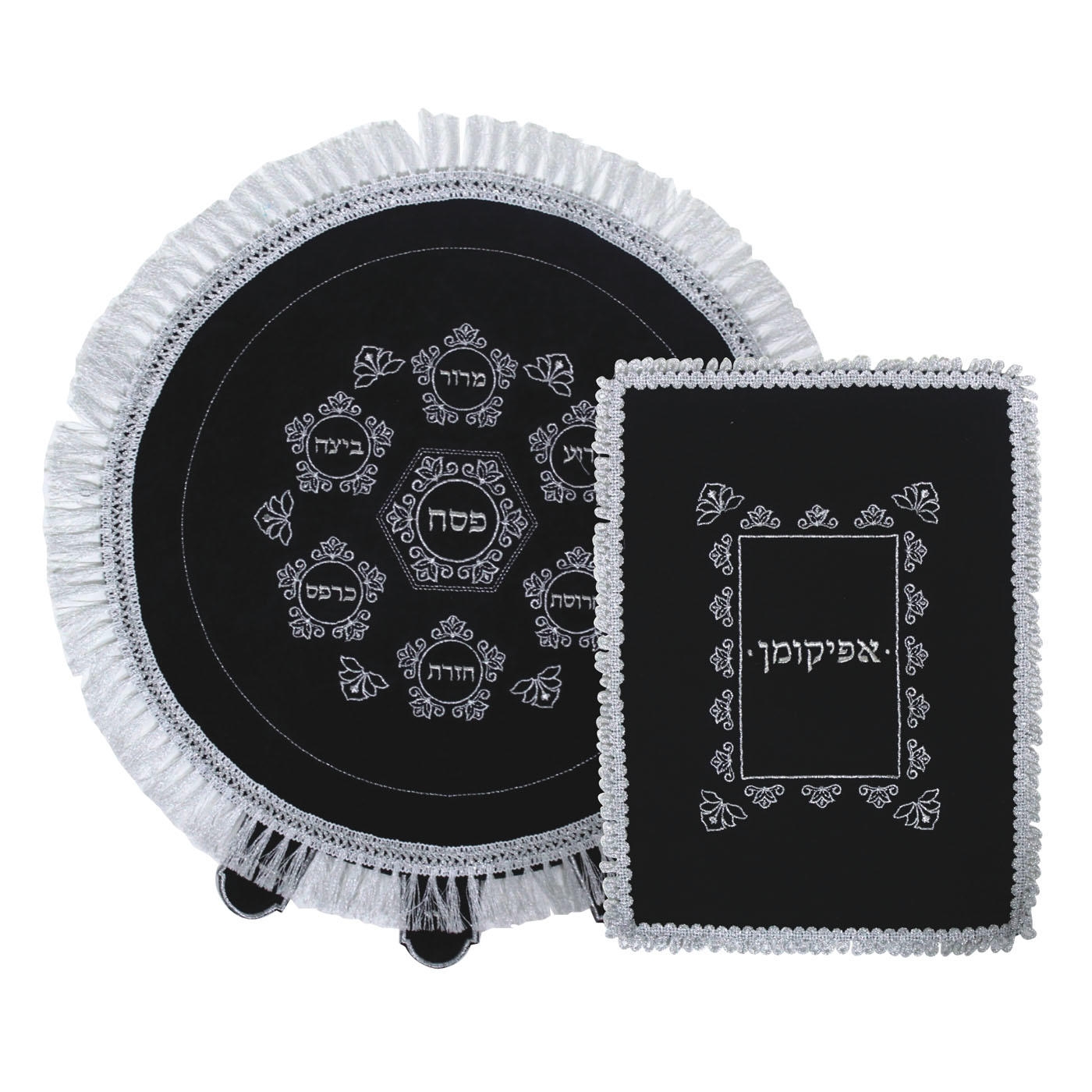 Black Velvet Matzah Set - Round Seder Plate - 1