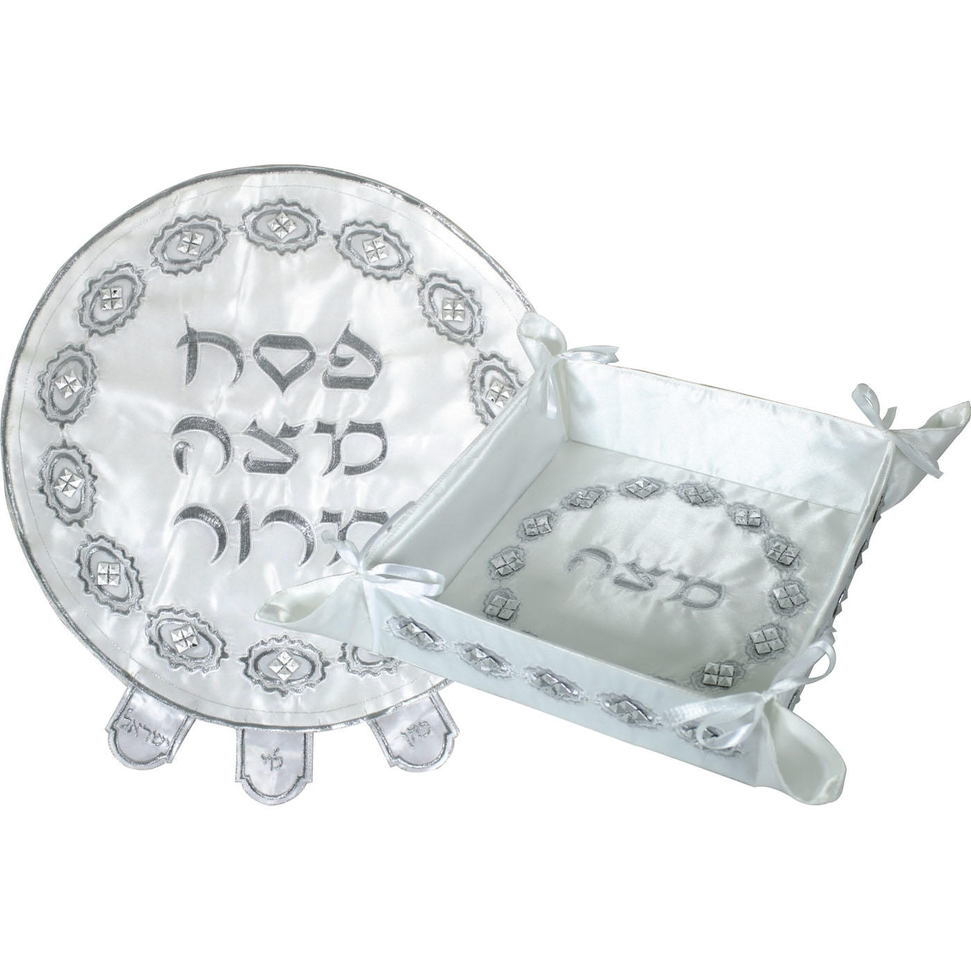 Fabric Passover Set - White with Silver Applique and Embroidery - 1