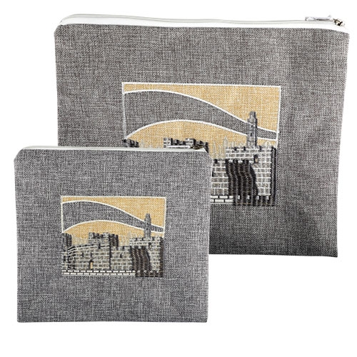 Linen Tallit and Tefillin Bag Set with Tower of David Embroidery - 1