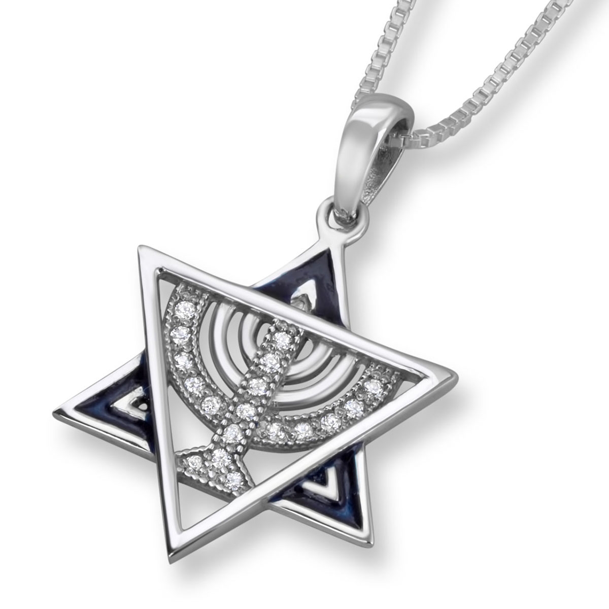 Star of David and Menorah Blue Enamel and Sterling Silver with Cubic Zirconia Necklace  - 1