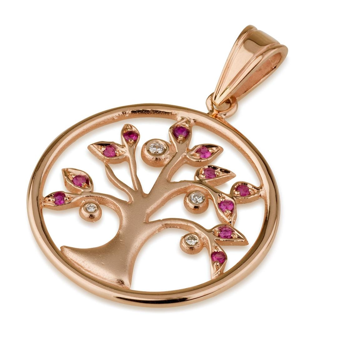 14K Rose Gold Circular Tree of Life Pendant with Diamonds & Ruby Stones - 1