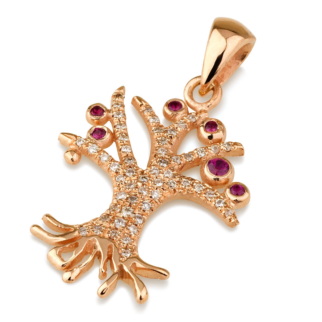 18K Rose Gold Tree of Life Pendant with Diamonds & Ruby Stones - 1