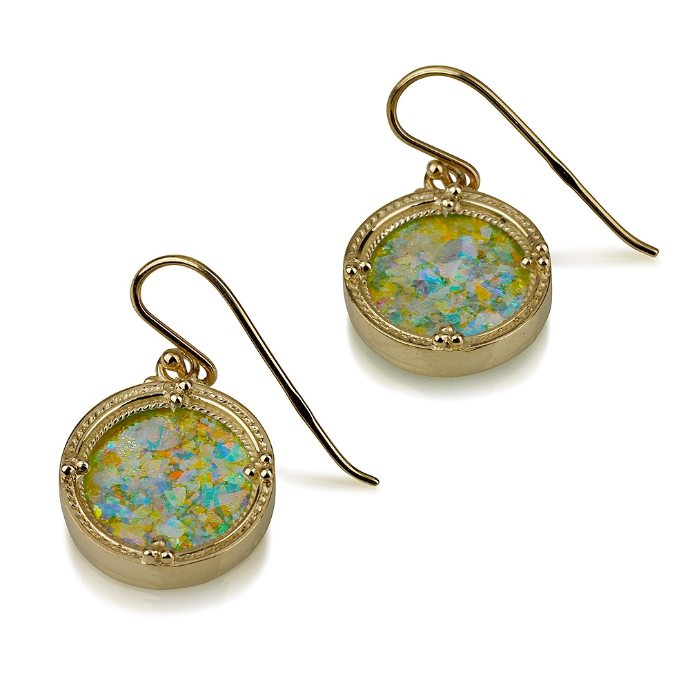 14K Gold and Roman Glass Ornate Earrings - 1