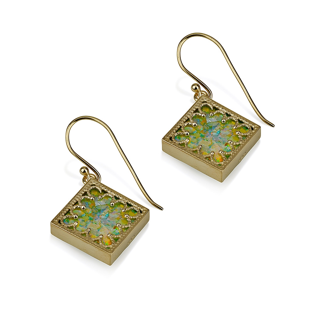 14K Gold and Roman Glass Square Filigree Earrings - 1