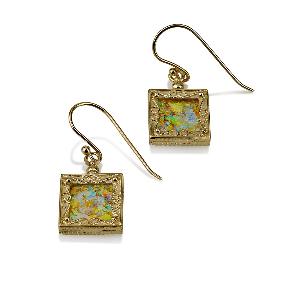 14K Gold and Roman Glass Square Framed Earrings - 1