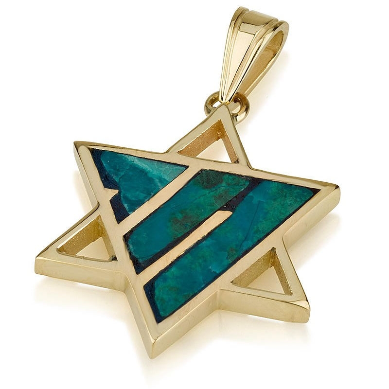 14K Gold Star of David Pendant with Eilat Stone Chai - 1