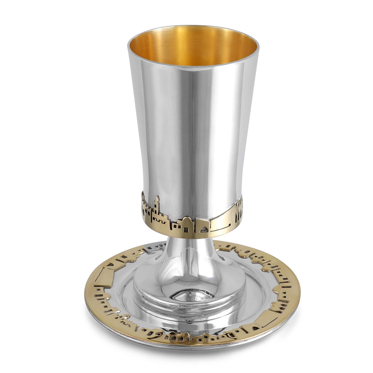 Bier Judaica 925 Sterling Silver "Jerusalem of Gold" Stemmed Kiddush Cup Set - 1