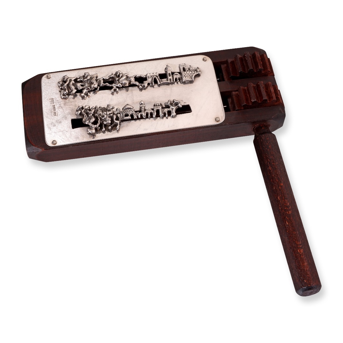 Bier Judaica Wooden Purim Grogger (Noisemaker) With 925 Sterling Silver Decorative Plate (Brown) - 1
