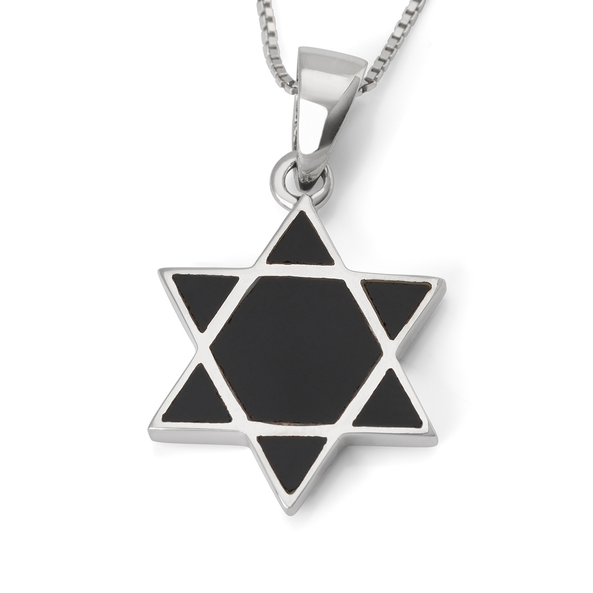 Contemporary Sterling Silver Star of David Pendant Necklace With Onyx Stone - 1