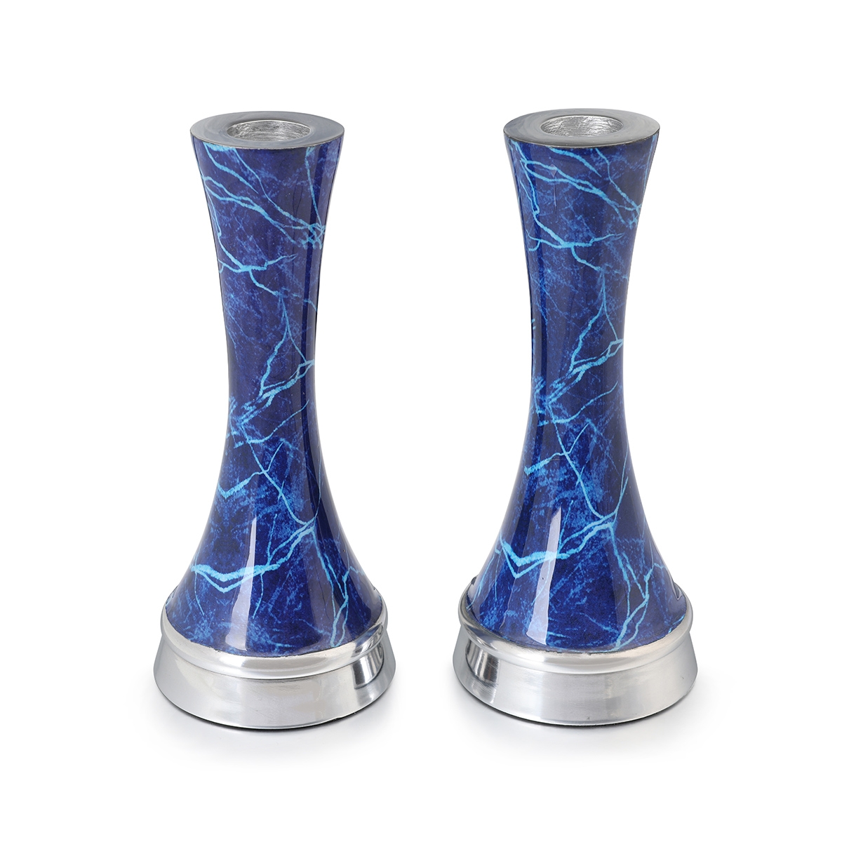 Tapered Shabbat Candlesticks With Blue Marble Design - 1