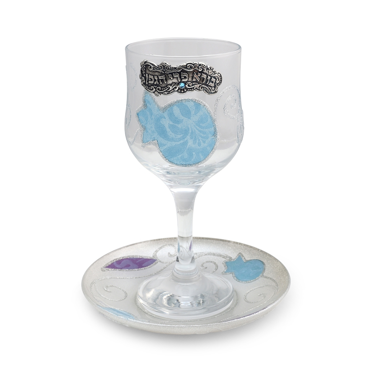 Handmade Glass Kiddush Cup Set With Pomegranate Design By Lily Art (Blue & Purple) - 1