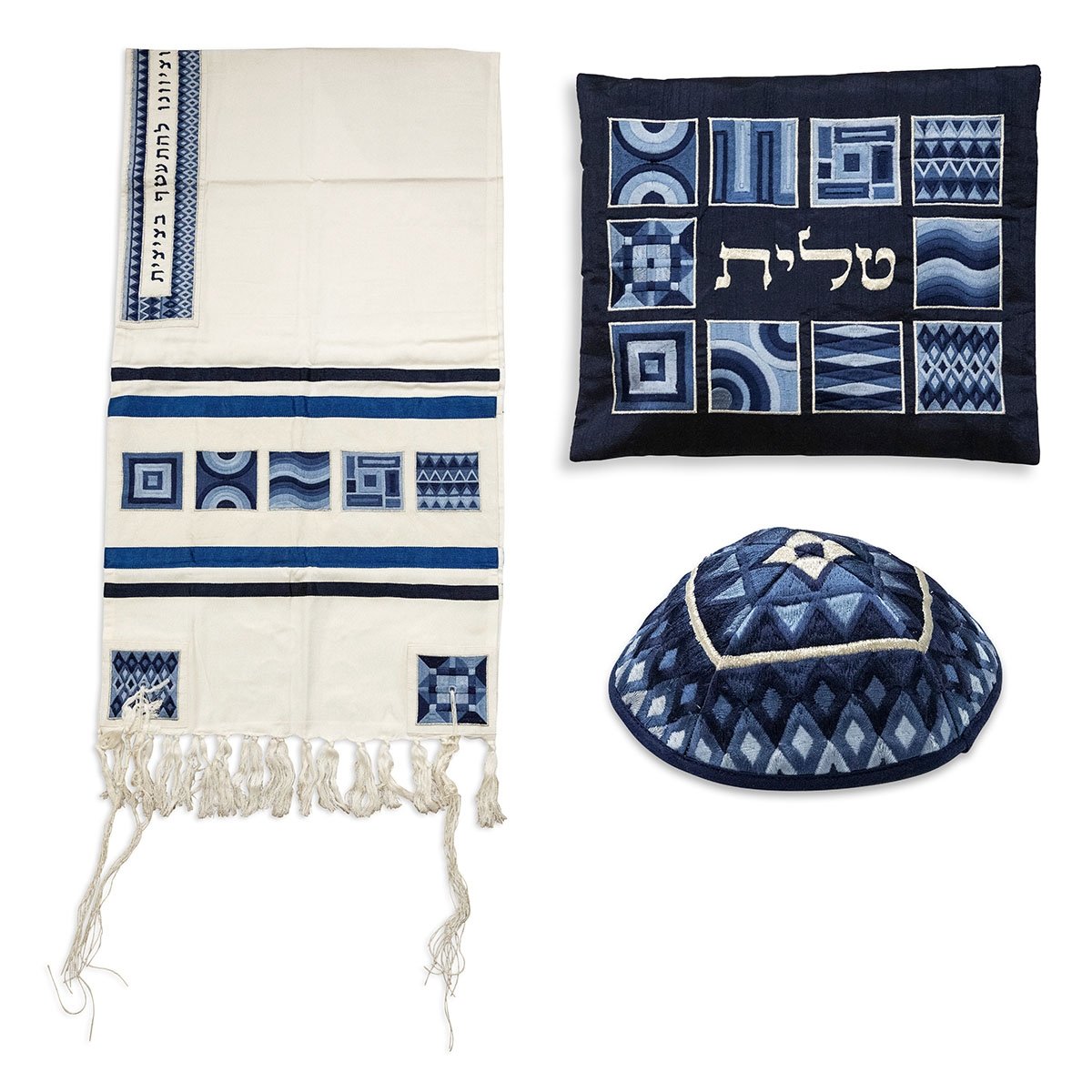 Yair Emanuel Embroidered Tallit Set With Square Patterns – Blue - 1