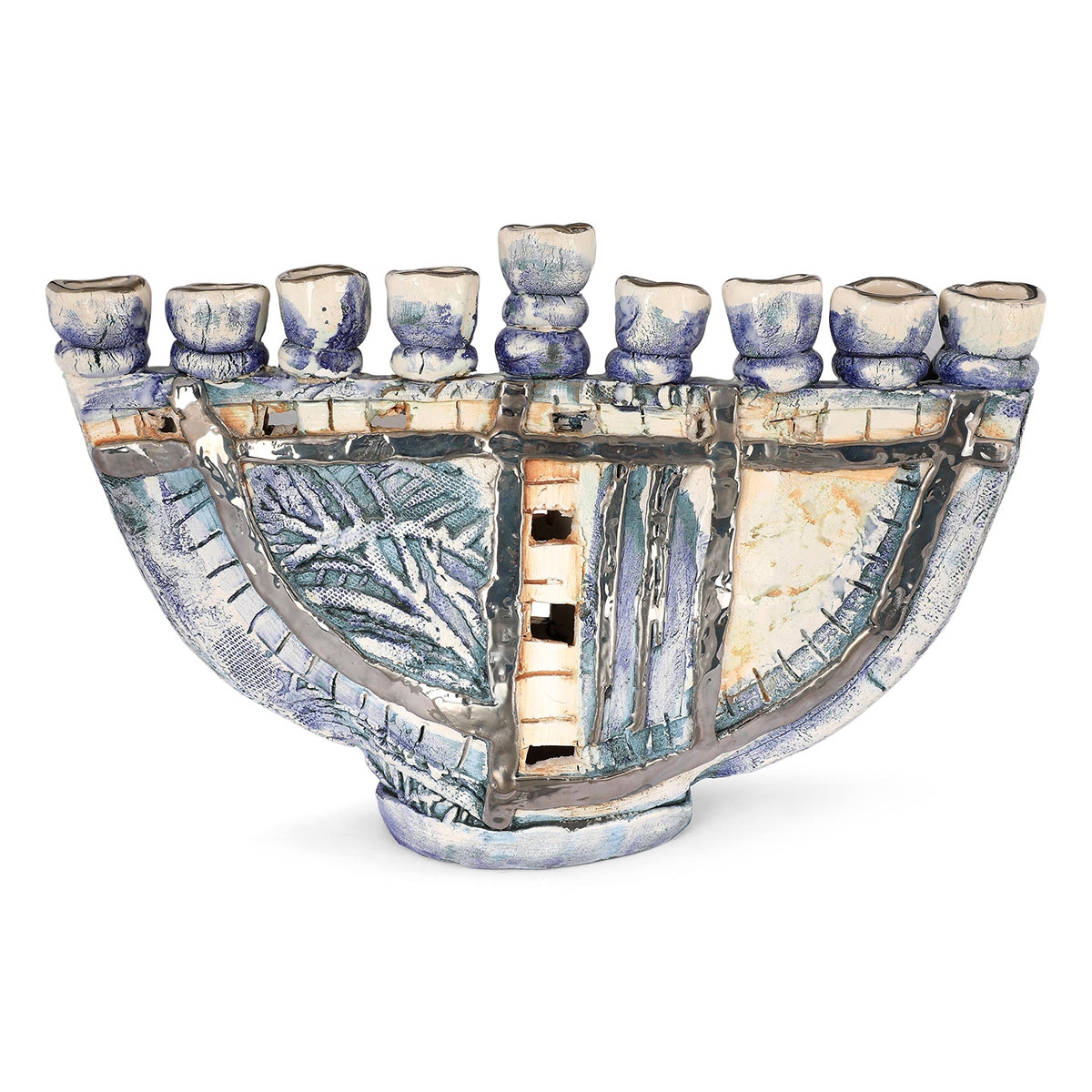 Handmade Ceramic Hanukkah Menorah With Sterling Silver Coating - 1