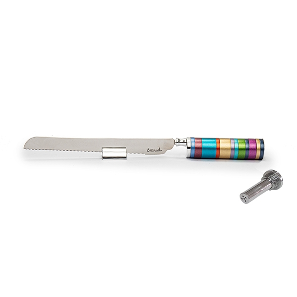 Yair Emanuel Colorful Rings Challah Knife With Mini Salt Shaker (Choice of Colors) - 1