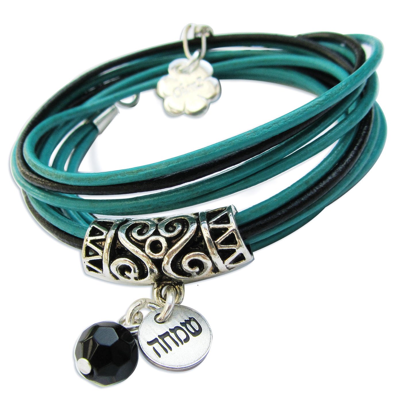 Multi-Cord Turquoise and Black Leather Bracelet - Happiness - 1