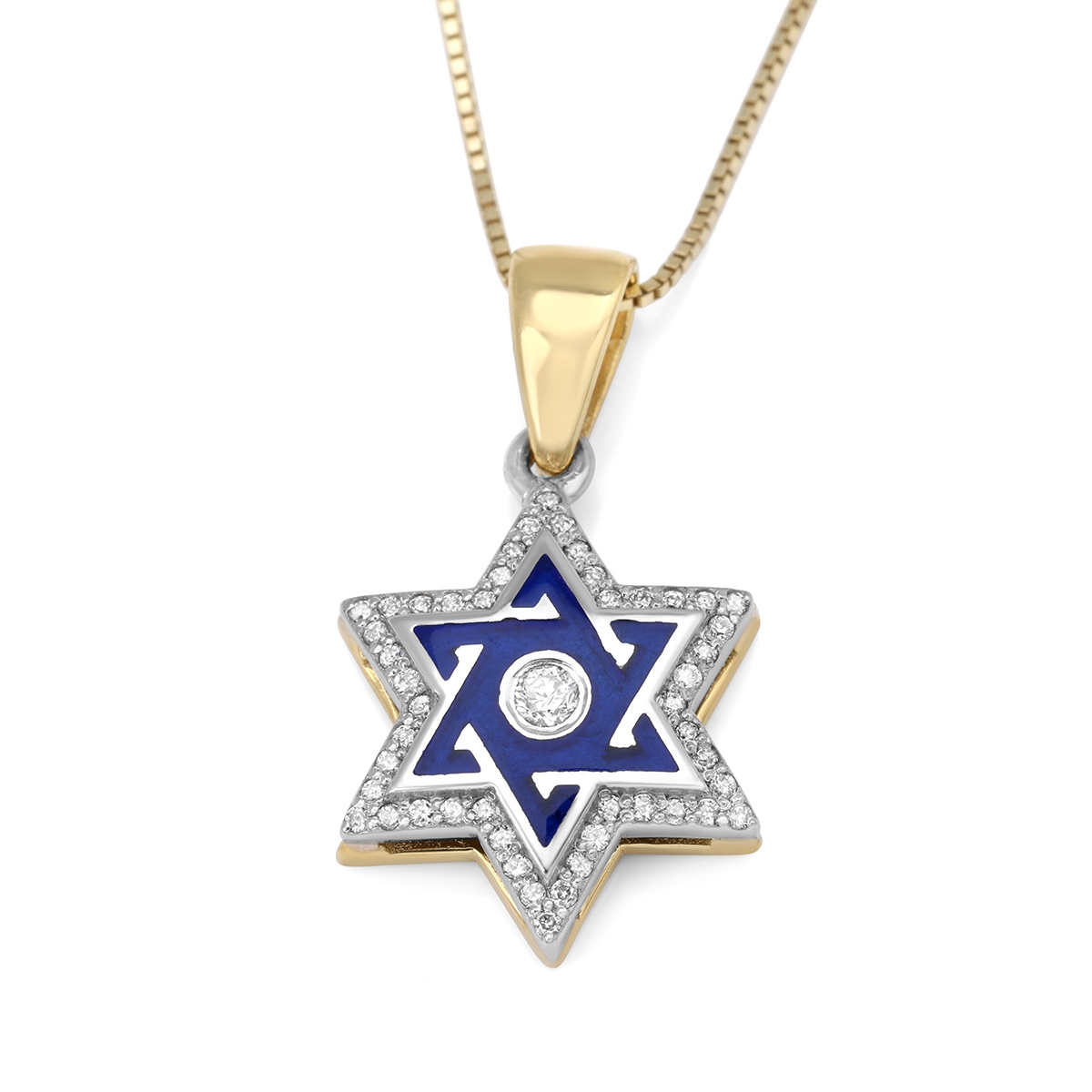Deluxe Diamond-Accented 14K Gold Star of David Necklace With Blue Enamel - 1