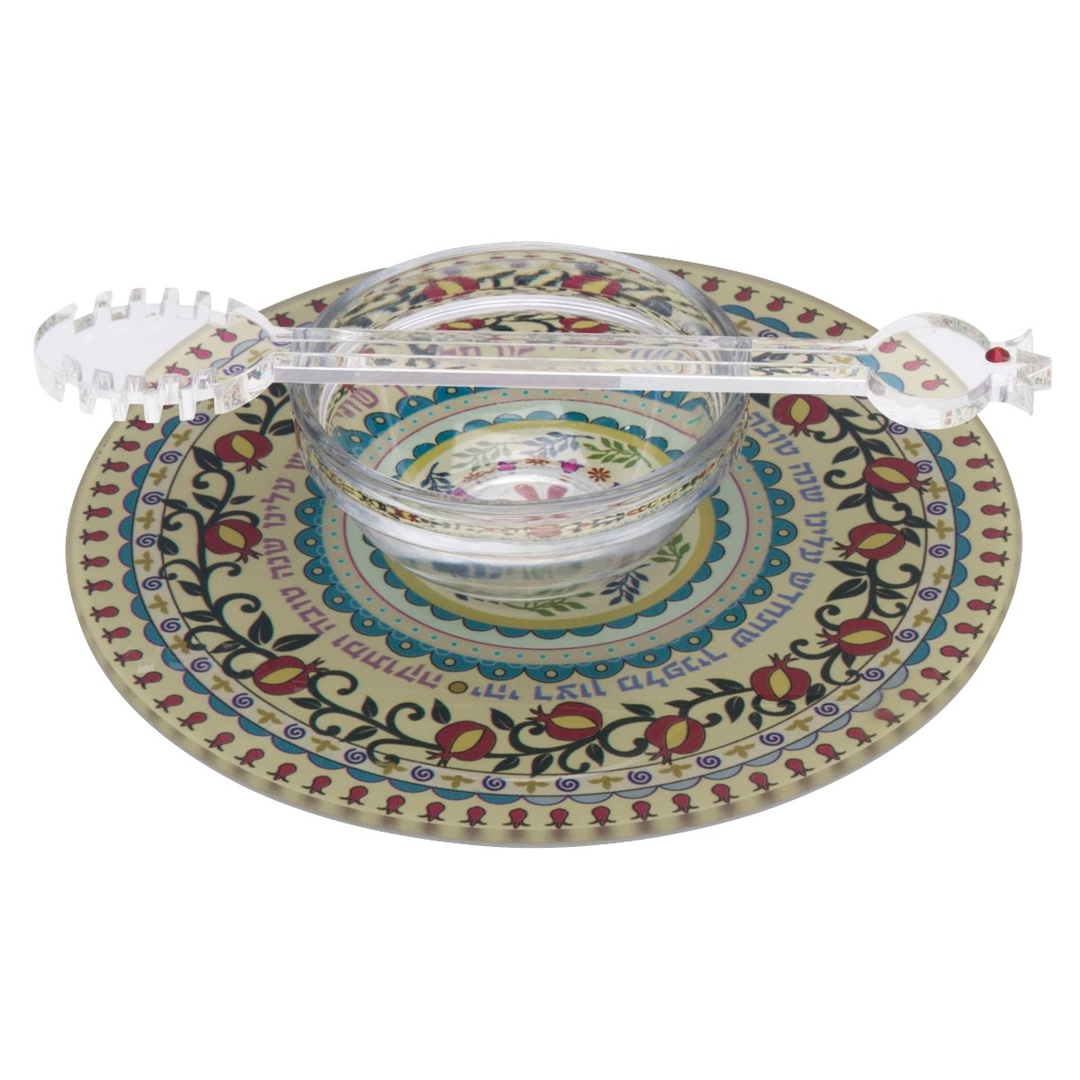 Dorit Judaica Pomegranate Glass Plate and Honey Dish Set - Multicolored - 1