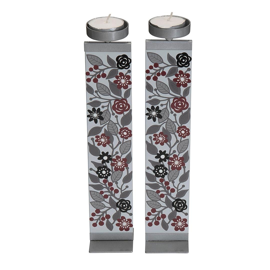 Dorit Judaica Sabbath Candlesticks – Grey, Red & Black Floral Pattern - 1