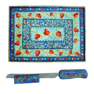 Yair Emanuel Wooden Challah Board, Knife and Stand - Pomegranates - 1