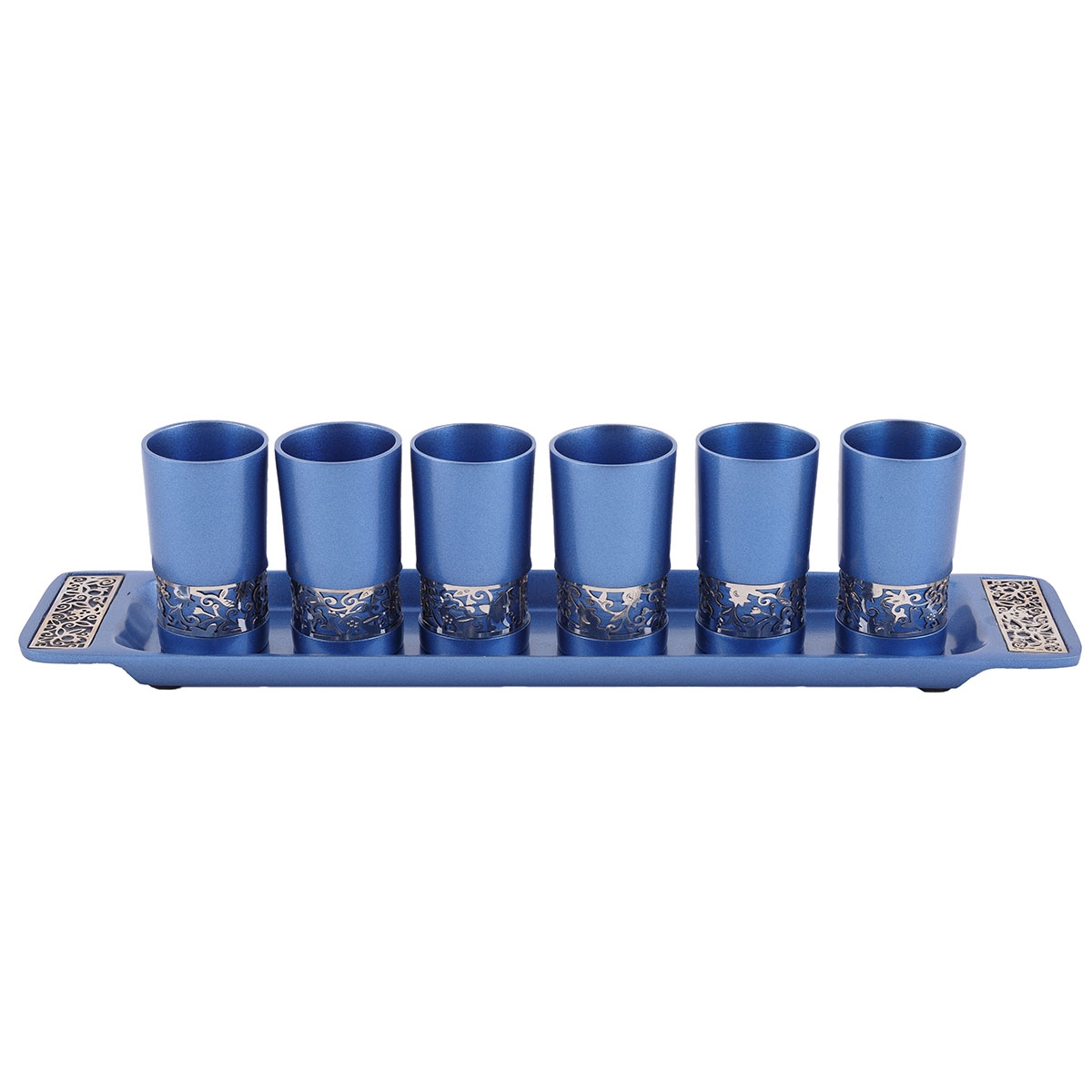 Yair Emanuel Blue and Silver Pomegranate Small Kiddush Cup Set with Tray - 1