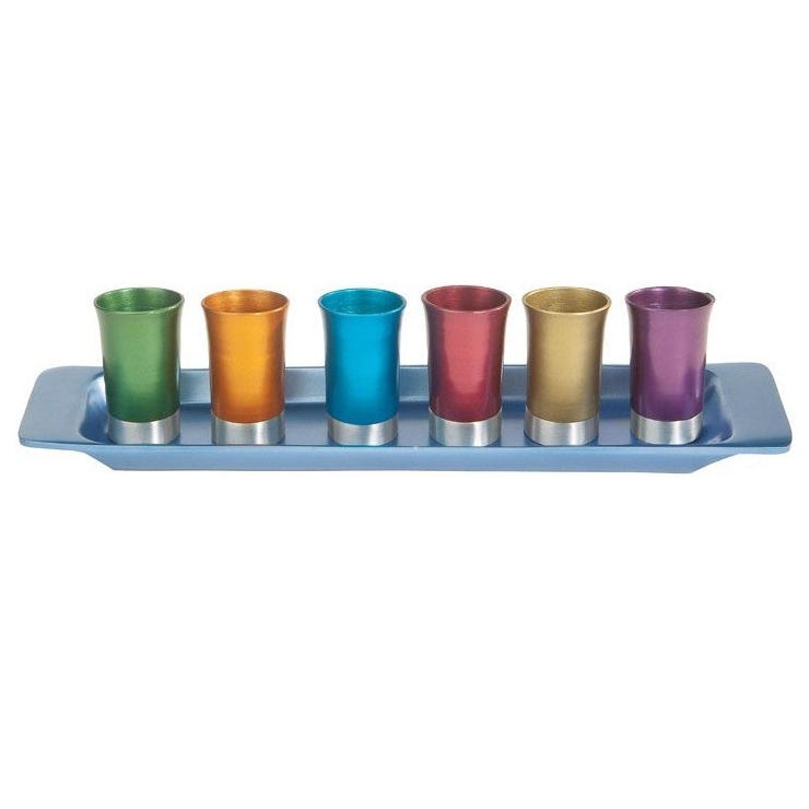 Yair Emanuel Anodized Aluminum Set of 6 Small Kiddush Cups with Tray (Choice of Colors) - 1