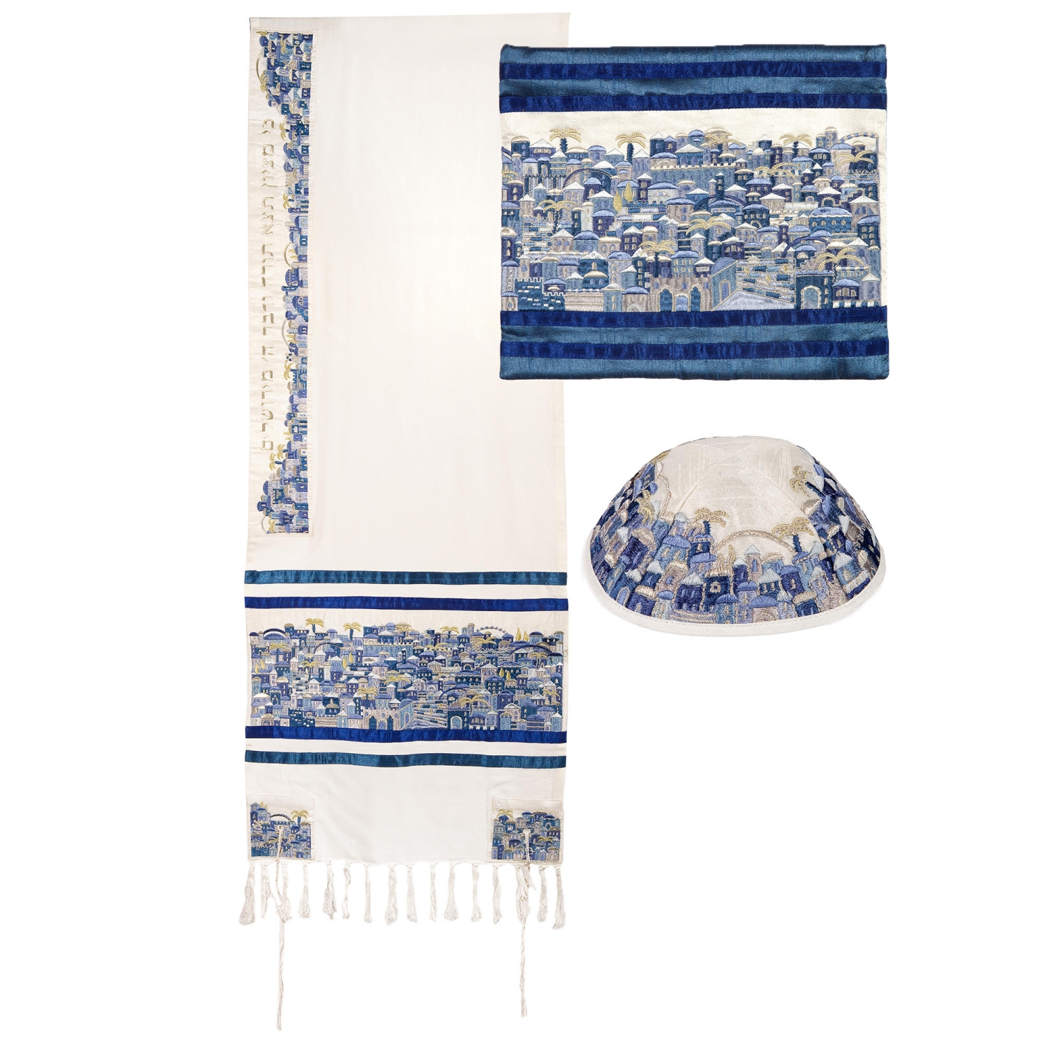 Yair Emanuel Fully Embroidered Cotton Jerusalem Tallit (Prayer Shawl Set) – Blue - 2